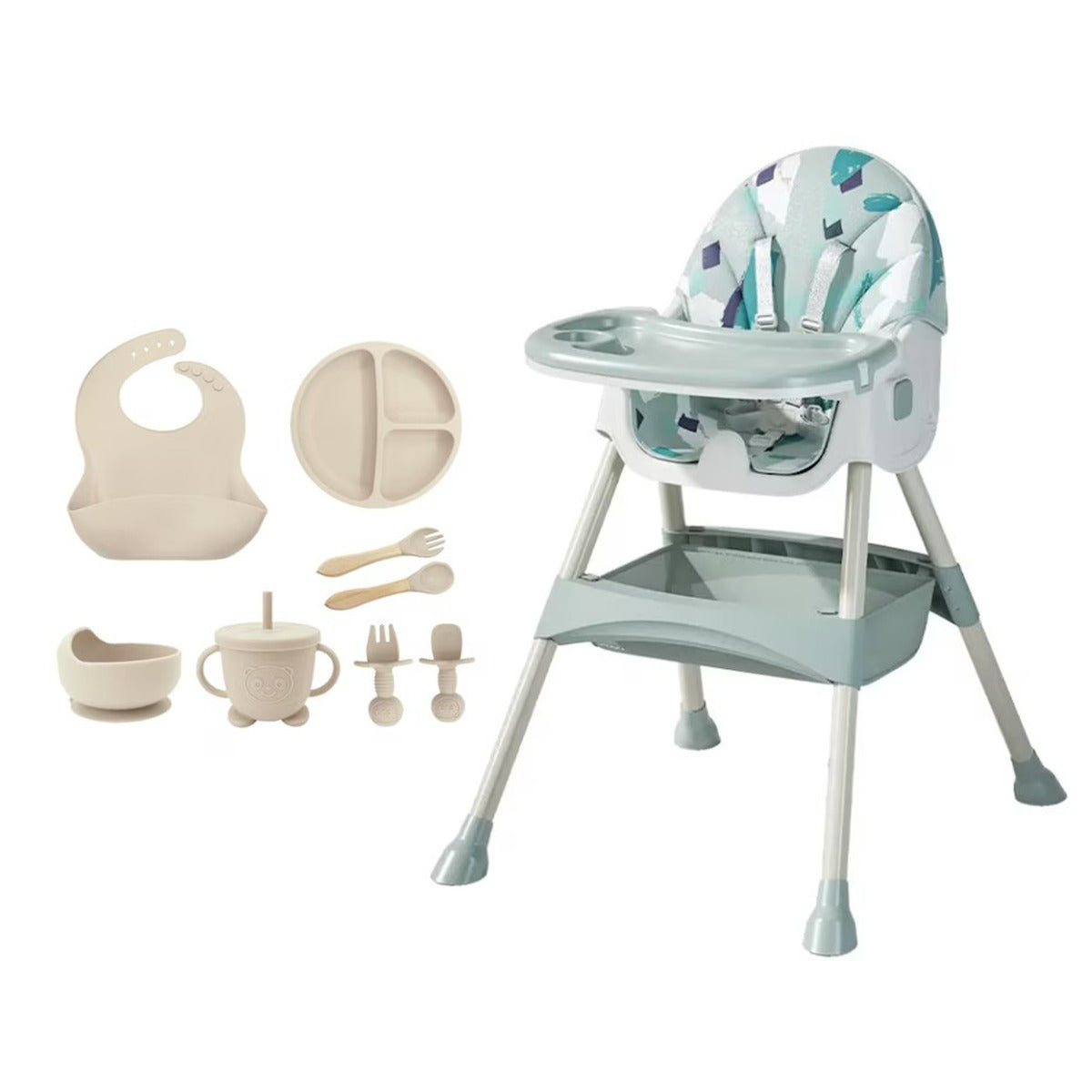 Pachet Promoțional Scaun Multifuncțional 4 în 1 KIDOO pentru Copii, Reglabil pe Înălțime și Înclinare, Design Modern și Portabil, Culoare Crem + Cadou Set 8 Piese Silicon pentru Hrănire Bebeluși